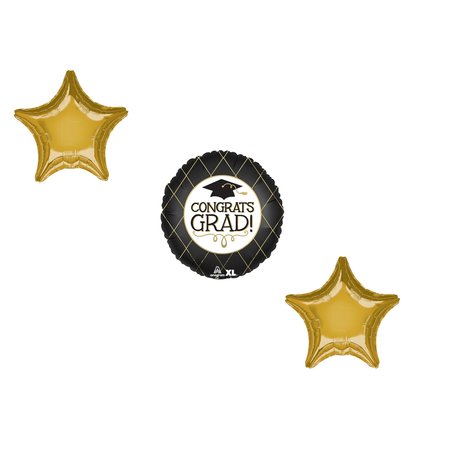 LOONBALLOON Graduation Grad Theme Balloon Set, Standard Grad Satin Black & Gold Balloon, Star Foil 87260